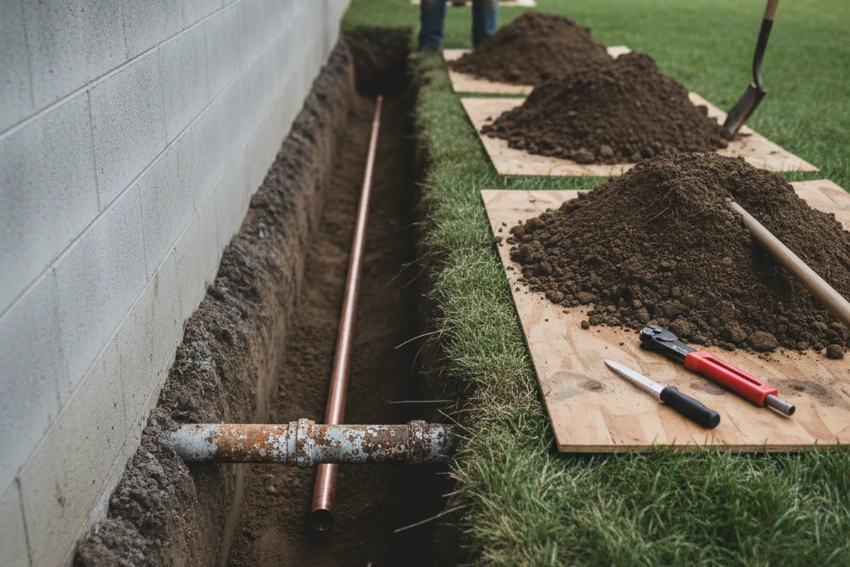 Excavated water line trench during Water Softener Installation in Columbia